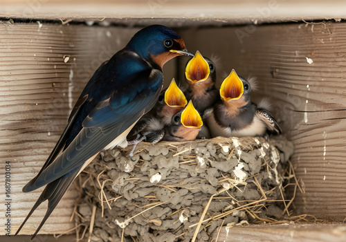Swallow Feeding Its Chicks in Mud Nest