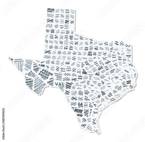 Texas shape text cloud. State border with shadow on white background. Texas with counties division in vintage gazette style. Classy vector illustration.