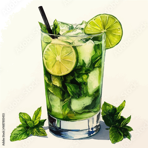 Mojito, watercolor illustration vector, isolated on a white background.