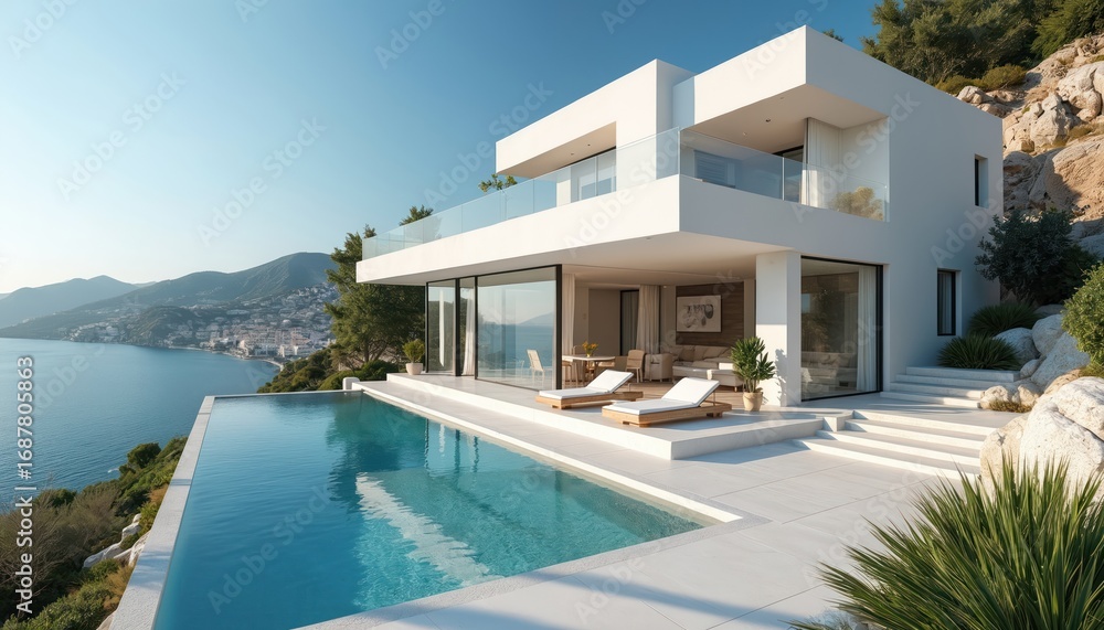 Fototapeta premium Modern luxury villa with infinity pool overlooks scenic coastline. Contemporary architecture features spacious rooms, clean lines, and panoramic sea views from terrace deck.