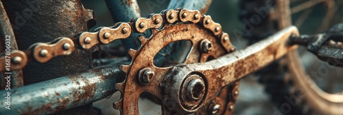Detail of a rustic bicycle chain and crankset in a worn condition highlighting vintage craftsmanship and wear