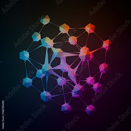 Abstract Geometric Network Sphere with Vibrant Polyhedral Shapes and Glowing Connections on Dark Background