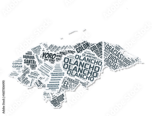 Honduras shape text cloud. Country border with shadow on white background. Honduras with regions division in vintage gazette style. Trending vector illustration.