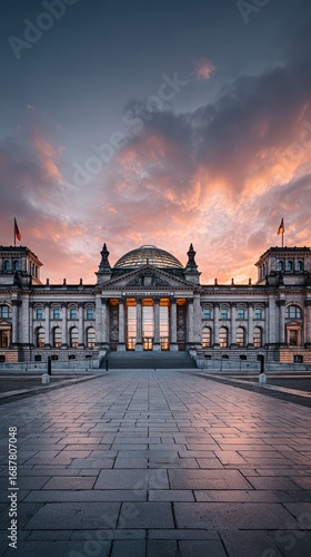Stunning sunset highlights the architectural beauty of the Reichstag building in Berlin, Germany