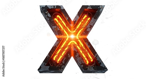 Letter x illuminated with glowing orange filaments and dark metallic edges