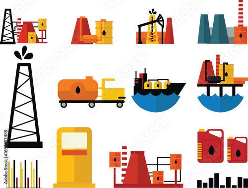 Oil Industry Illustration – Rigs, Refineries, Pipelines, Tankers, Pumpjacks, oil Tranportation