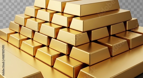 A large stack of shiny gold bars arranged in a pyramid shape
