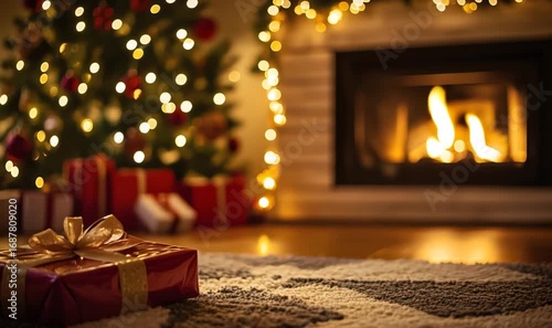 Red christmas gift with golden ribbon placed on a carpet, with fireplace and christmas tree in the background, creating a warm, cozy atmosphere