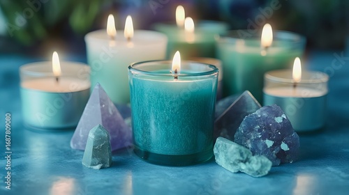Serene Teal Candles and Amethyst Crystals Still Life