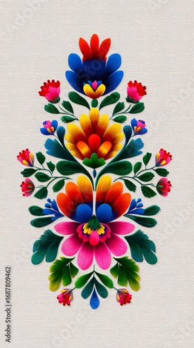 Colorful lowicz floral pattern representing polish folk art with stylized flowers and leaves