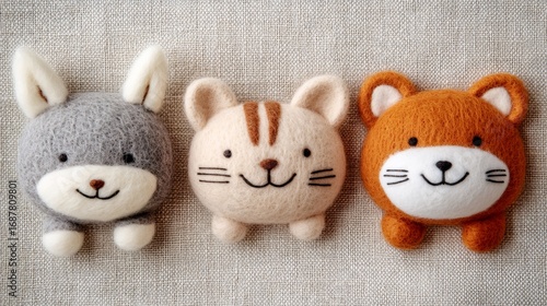 Three cute needle felted animals smiling on gray background