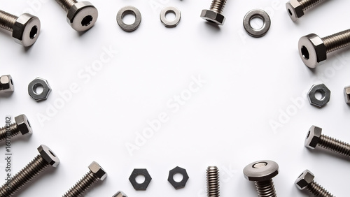 Bolts and Screws Flat Lay on White Background with Copy Space, Top View