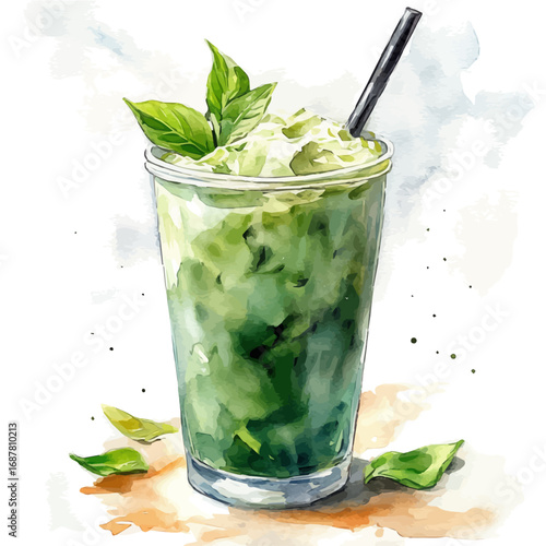 Matcha Tea, watercolor illustration vector, isolated on a white background.