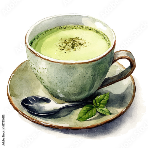 Matcha Tea, watercolor clipart vector, isolated on a white background.