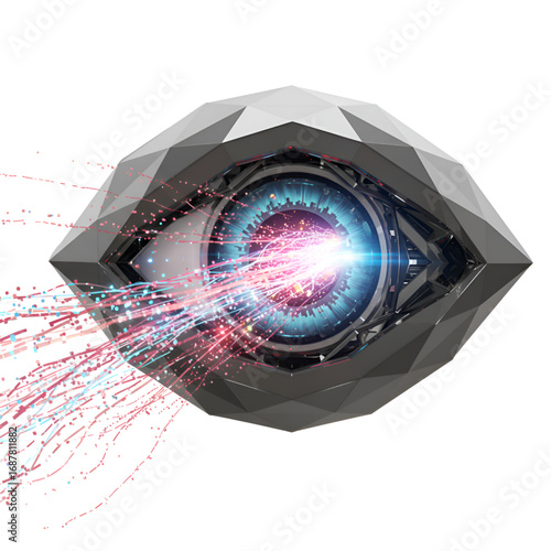Futuristic Polygonal Mechanical Eye with Glowing Iris and Radiating Light Trails