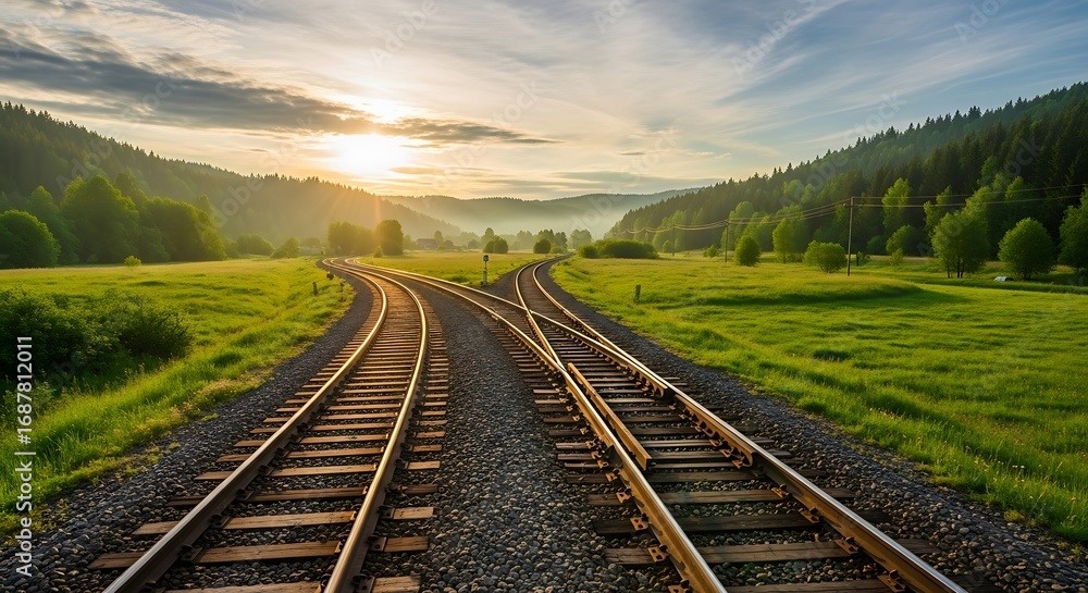 Fototapeta premium Train tracks diverging in a lush green valley at sunrise