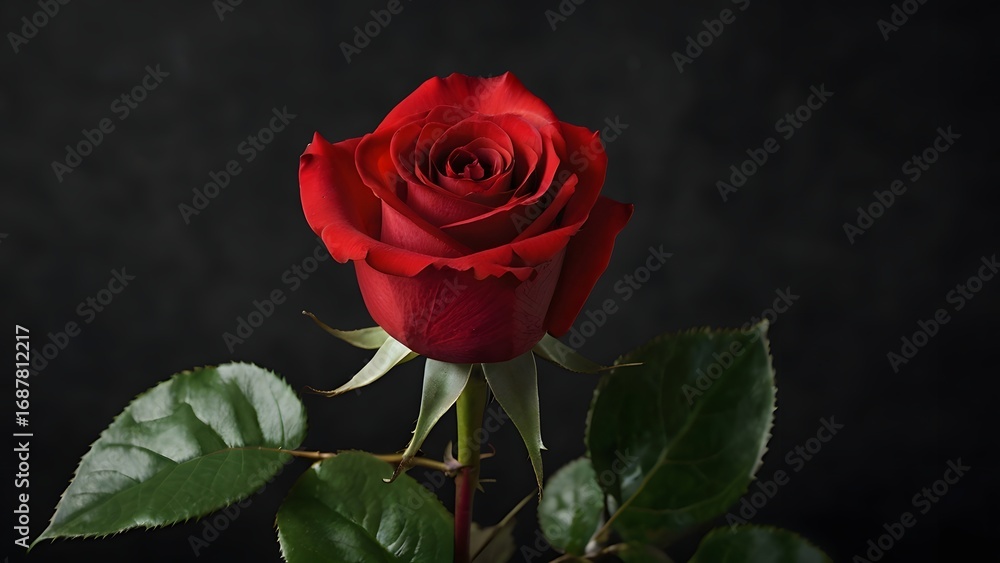 Fototapeta premium Elegant Red Rose Closeup with Stem and Leaves on Dark Background