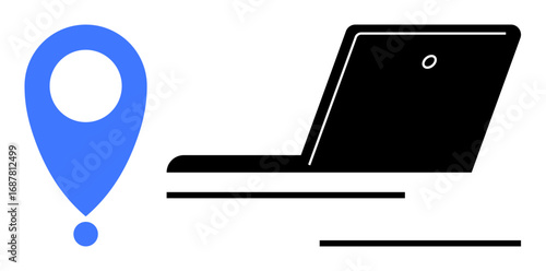 Black laptop next to a blue location marker conveying concepts of remote work, navigation, and technology. Ideal for remote work, GPS navigation, online connection, productivity, digital tools