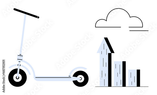 Electric scooter beside bar chart with increasing trend and minimalistic cloud. Ideal for sustainability, urban mobility, eco-friendliness, innovation, progress, growth, and a simple landing page