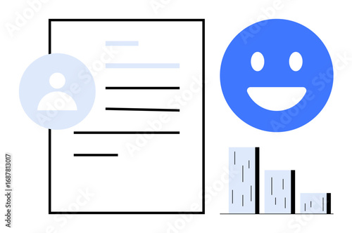User profile next to blue face icon showing happiness and bar chart. Ideal for evaluation, feedback, analytics, HR, performance review, sentiment analysis, satisfaction survey, simple landing page