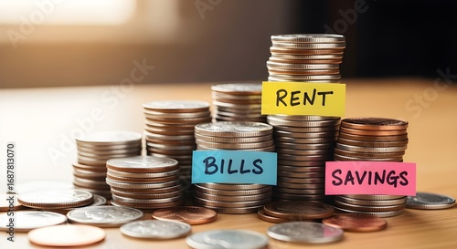 Organize your finances with stacks of coins labeled rent bills and savings