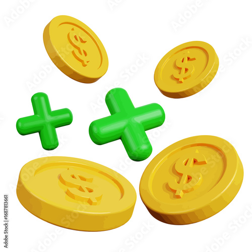 3D rendering of golden dollar coins and green plus signs floating, symbolizing financial growth, investment, and increasing wealth.