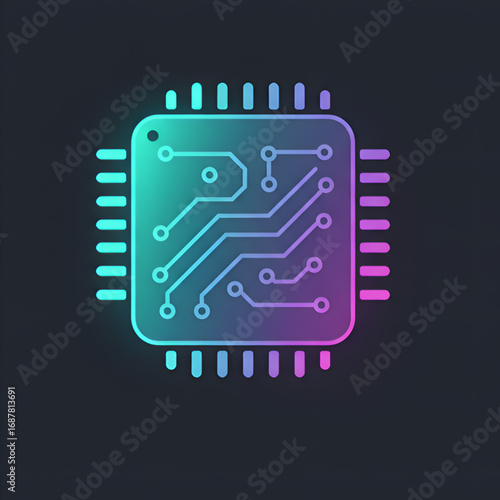 Futuristic Neon Computer Chip with Glowing Circuit Lines on Dark Background