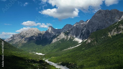 Beautiful Valbona Valley, Albania, Europe. Drone footage. 