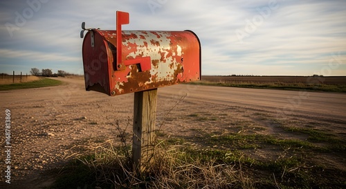 Vintage red mailbox on a dusty country road evokes nostalgia and rural charm