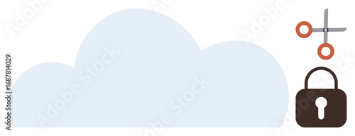 Big cloud icon with scissors and padlock symbolizing storage, file editing, and privacy. Ideal for data security, cloud computing, restriction, cybersecurity, privacy, document control simple flat