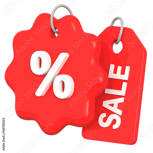 Two glossy red 3D discount tags, one featuring a percentage symbol and the other explicitly stating 'SALE', indicating special offers and promotions.