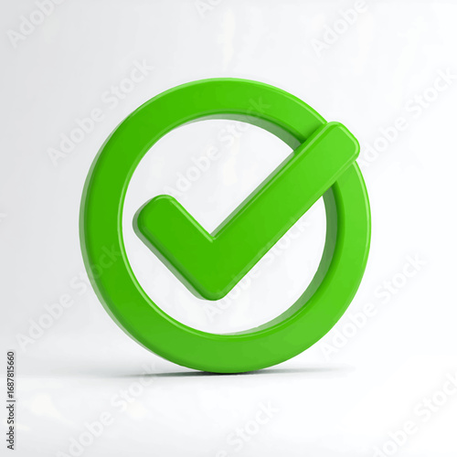 A vibrant 3D rendered green checkmark symbol enclosed within a matching green circle, signifying approval or completion on a clean white background.