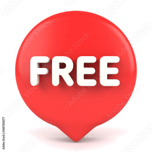 A vibrant red 3D speech bubble or map pin icon with the word 'FREE' prominently displayed in bold white capital letters, signifying no cost or promotional offer.
