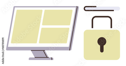 Monitor displaying a grid, secure padlock, and password entry bar representing cybersecurity, access control, online safety, data protection, privacy tools, technology security, simple flat metaphor