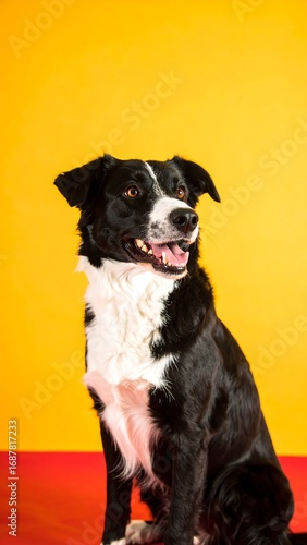 Black and white dog on vibrant background