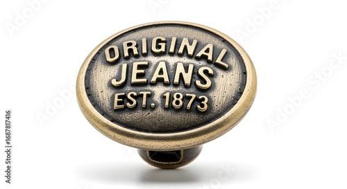 Vintage bronze button with 'Original Jeans Est. 1873' text evokes heritage and classic style.