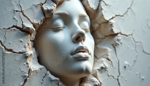 Wallpaper Mural White face emerges from cracked plaster wall. Sculpture art relief with closed eyes shows texture, abstract dream, surreal broken fragile emotion. Calm serene portrait study. Torontodigital.ca