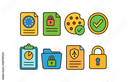 Commerce and sale flat icon set. shopping, discount, store, secure icons