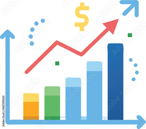 Upward trending bar graph with a dollar sign and arrow indicating growth