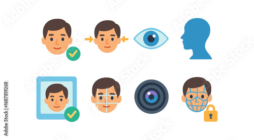 Biometric recognition flat icon set. facial, eye scanning, security symbols collection