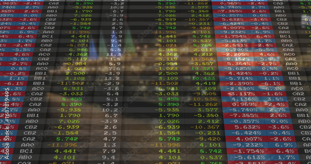 Fototapeta premium Displaying ticker panel in trading studio, showing color-coded stock codes and percentage changes
