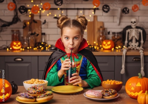 Young girl dressed as a vampire drinking a colorful beverage at a table full of halloween treats and decorations