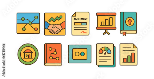 Business analytics flat icon set. data, strategy, management icons in flat style