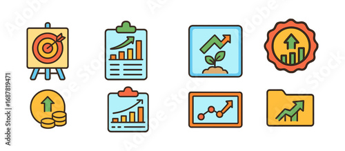 Business growth flat icon set. data, profit, analysis flat collection for success