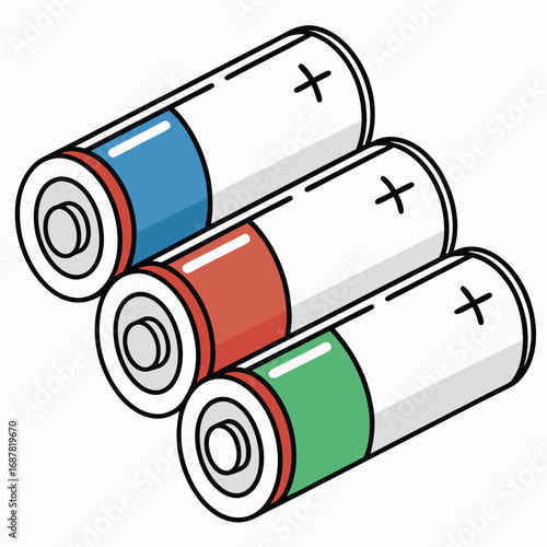 Three colorful aa batteries stacked in a diagonal line with positive and negative ends visible