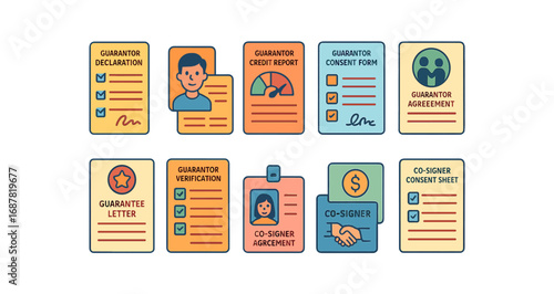 Guarantor agreement, consent flat icon set. legal, document icons flat style collection