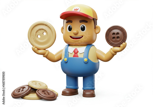 cartoon handyman holding brown and beige buttons
