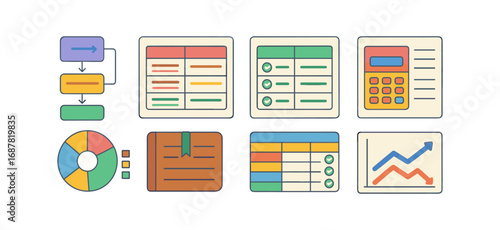 Business and data flat icon set: charts, diagrams, and calculator in flat design