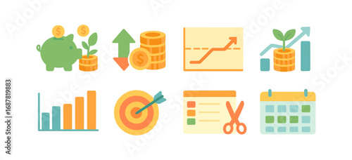 Financial management flat icon set: savings, growth, investment, analytics icons