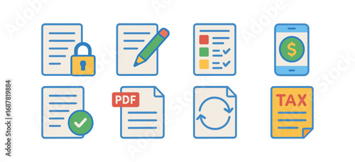 Document management flat icon set with checklist, security, pdf files for digital organization